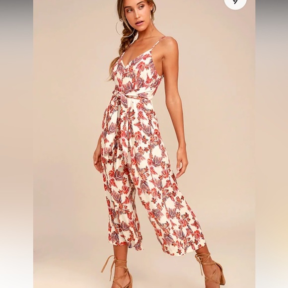 Free People Pants - Free People Hot Tropics Cream Print Midi wide leg 
Jumpsuit 12